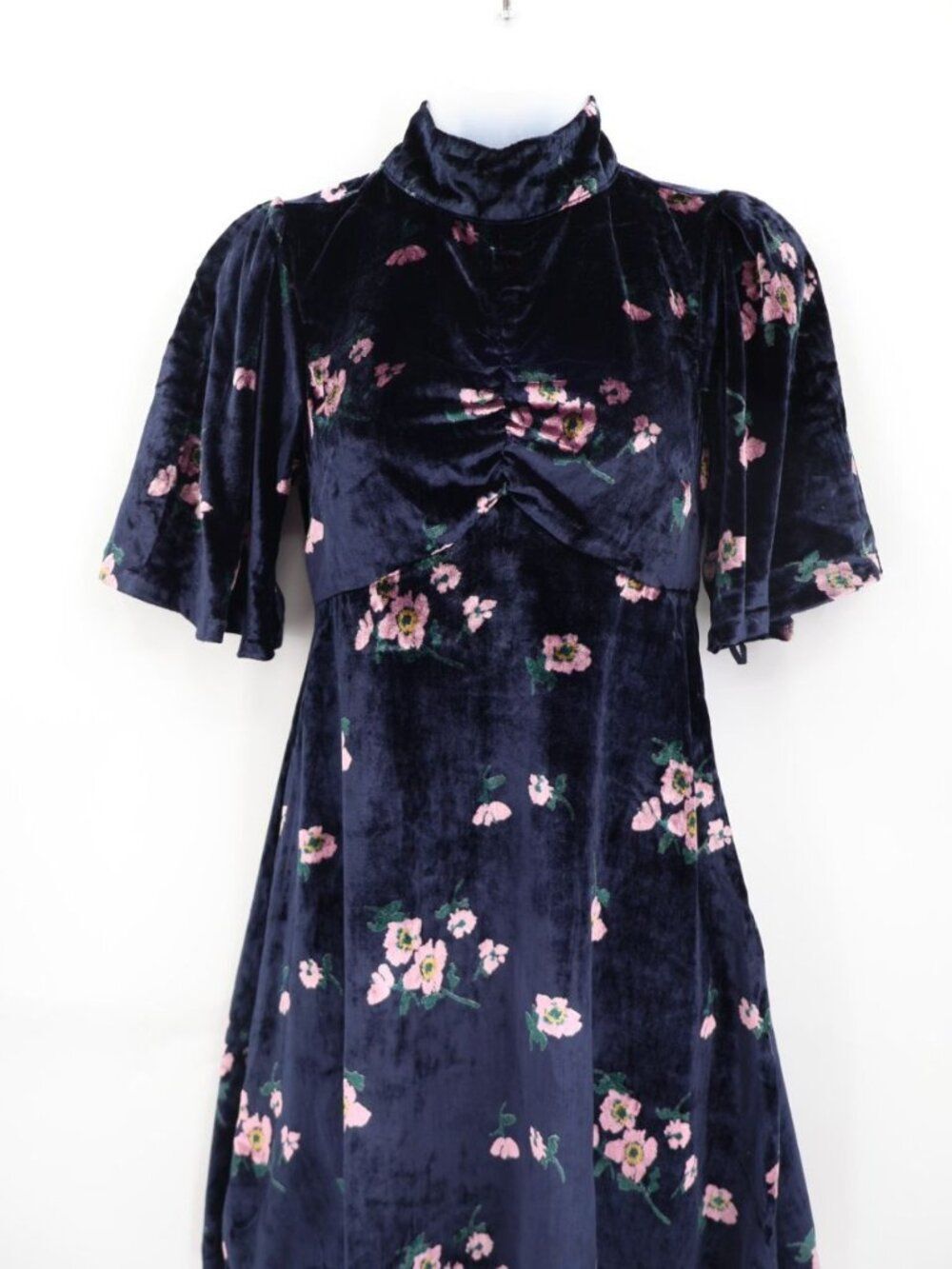 Free People Be My Baby Velvet Mini Dress Size 0 Navy Floral Print Flutter Sleeve - Picture 3 of 16